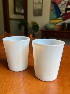VINTAGE  Hazel Atlas Opalescent White Milk Glass Juice Tumble 3.5” Tall Set (2)